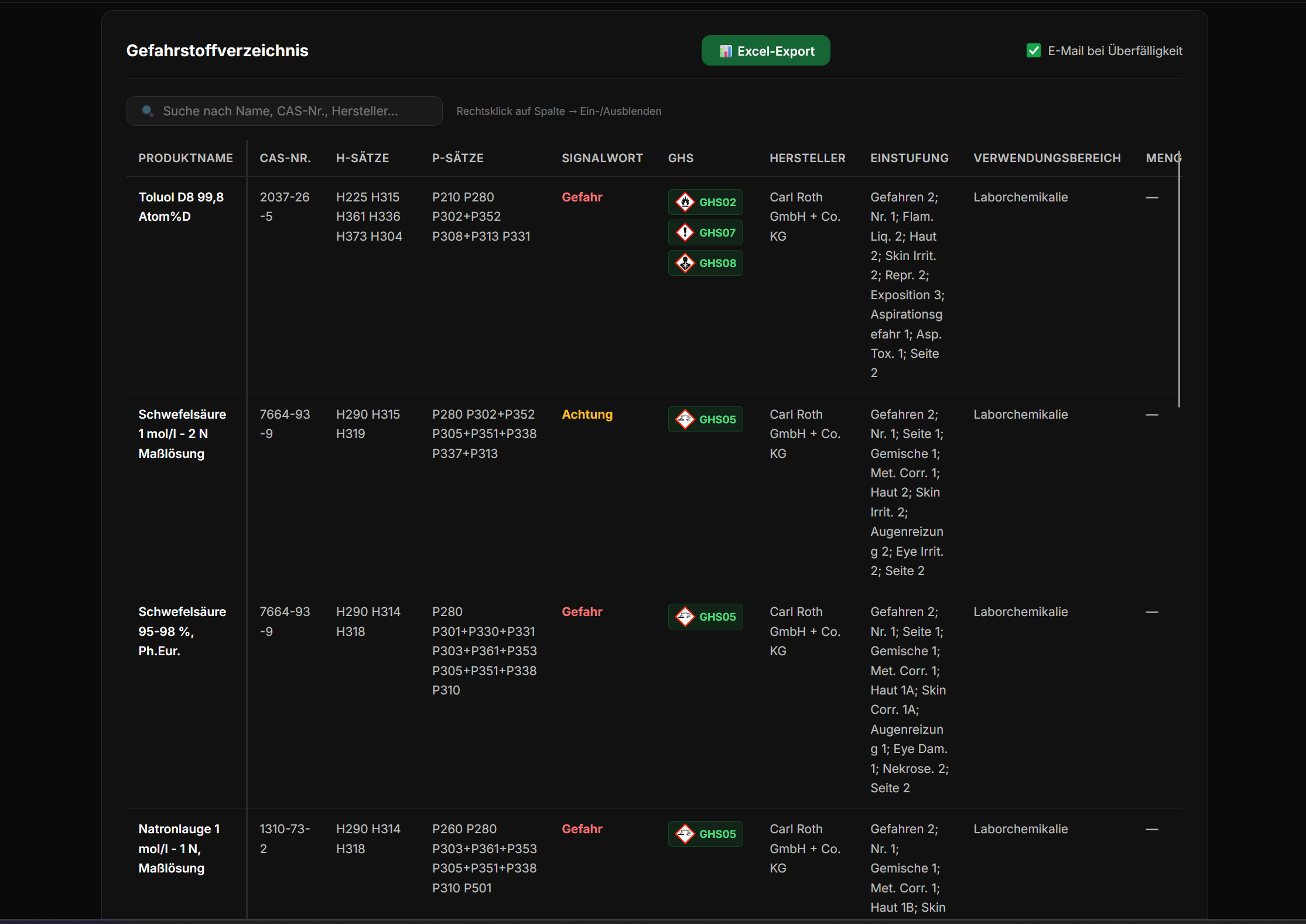 Screenshot: digitales Gefahrstoffverzeichnis in der Safe-Agents-App mit H-/P-Sätzen, Signalwort und GHS-Piktogrammen