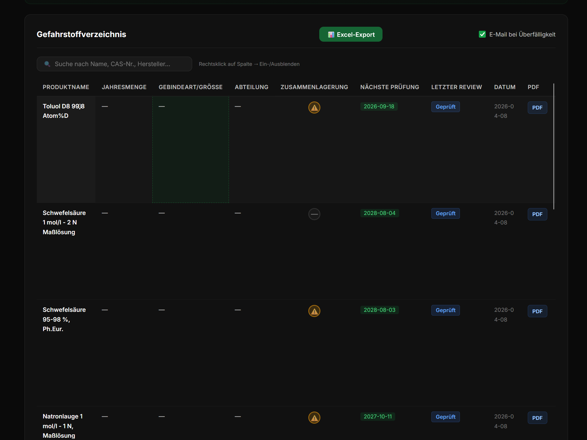 Screenshot: Prüfstatus und Fälligkeiten im Gefahrstoffverzeichnis der Safe-Agents-App